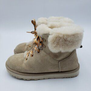 UGG Mini Alpine Boots 8 Womens Lace Up Suede Shearling Bootie Tan